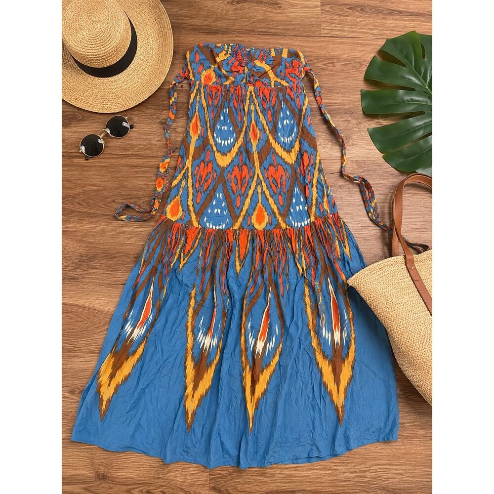 Free People Ikat Open Back Strapless Maxi Dress Boho Festival Large Blue Coastal - Picture 2 of 8